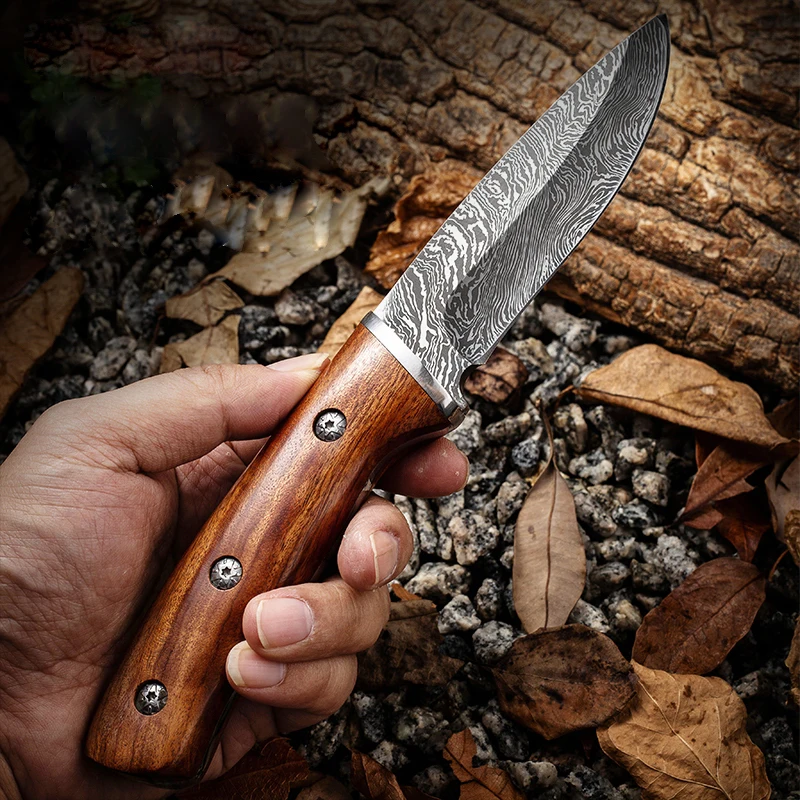 1 pc 9.3 inch, imitation Damascus grain knife, high carbon stainless steel, solid wood handle, for outdoor camping hunting barbe