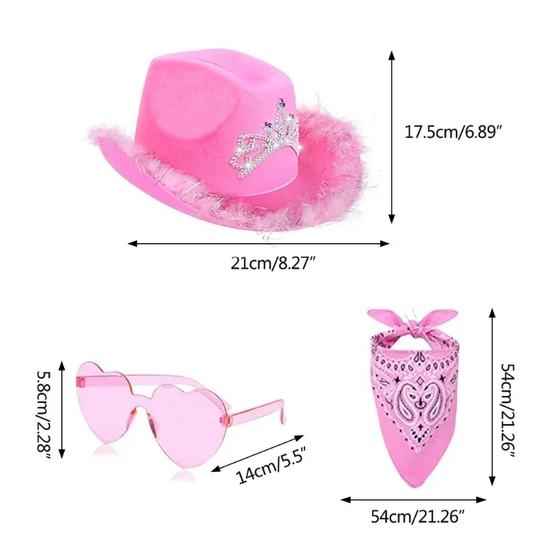 Halloween Women Western Pink Cowgirl Fluffy Cowboy Glitter Hat Carnival Costume Accessory for Party Wear Hat Set