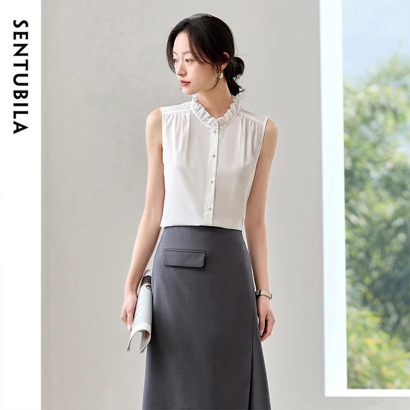 

SENTUBILA Women's Shirt Summer 2025 Sleeveless Commuter Blouse Fungus Edge Trim Slightly Transparent Drape Shirts Tops 152CA0041