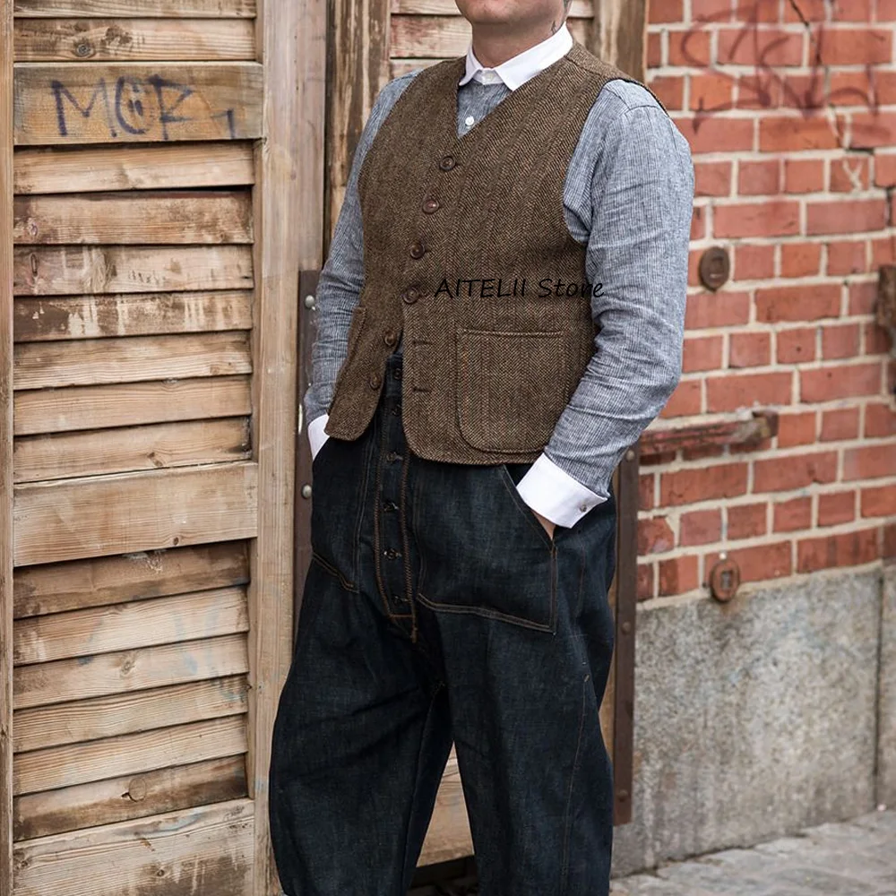 سترة رجالية عتيقة من القماش المتعرج بجيوب مربعة سترة رجل أنيقة للرجال بدلة واحدة الصدر نمط غير رسمي على شكل حرف v كلاسيكي #1