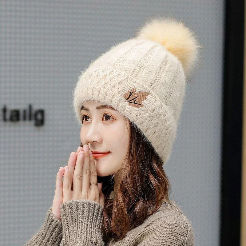 New winter thickened warm wool lined knitted hat for women soft large pom pom solid color beanie skull outdoor ski skate hat