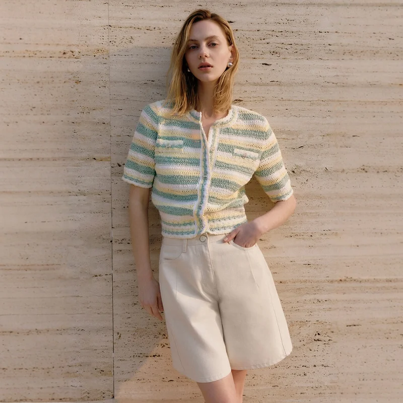 

Корейский летний вязаный кардиган с цветными блоками и вырезами, женский топ с коротким рукавом, сумка для телефона