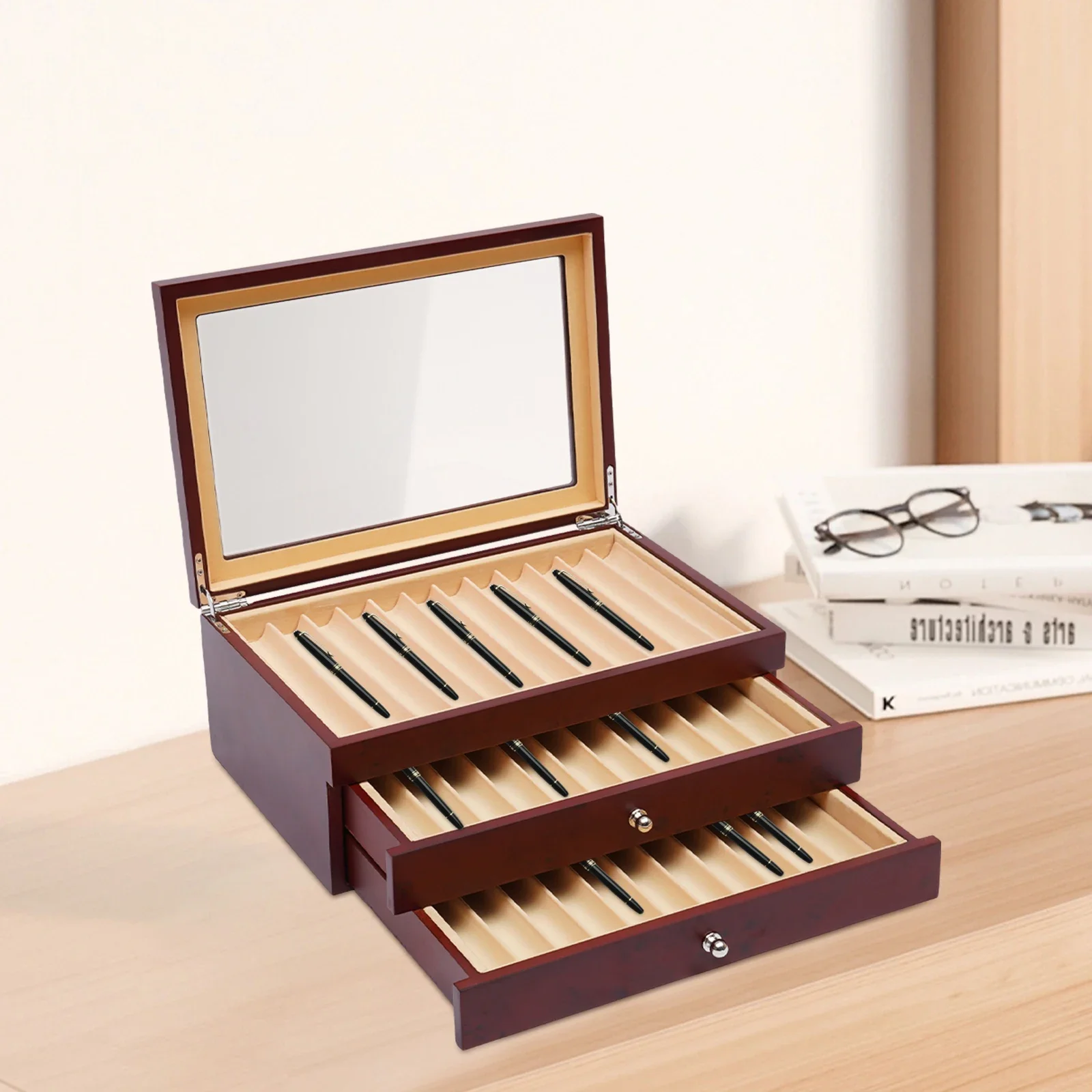 

НОВЫЙ 3-слойный деревянный органайзер для ручек на 34 штуки, витрина для ручек и коллекционерский органайзер для перьевых ручек со стеклянным окном