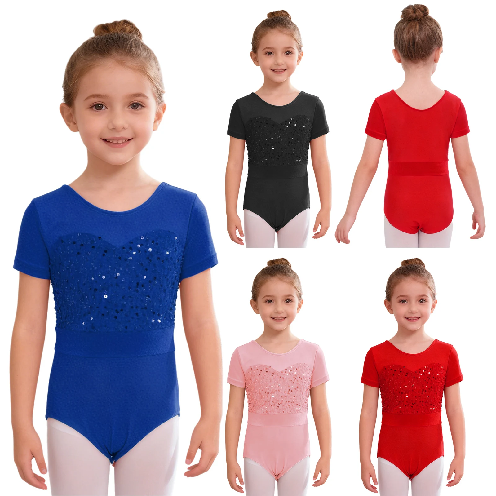 Justaucorps de Ballet pour enfants filles, combinaison de danse, de gymnastique, à manches courtes, en velours à paillettes brillantes, pour l'entraînement au Yoga et à la pratique