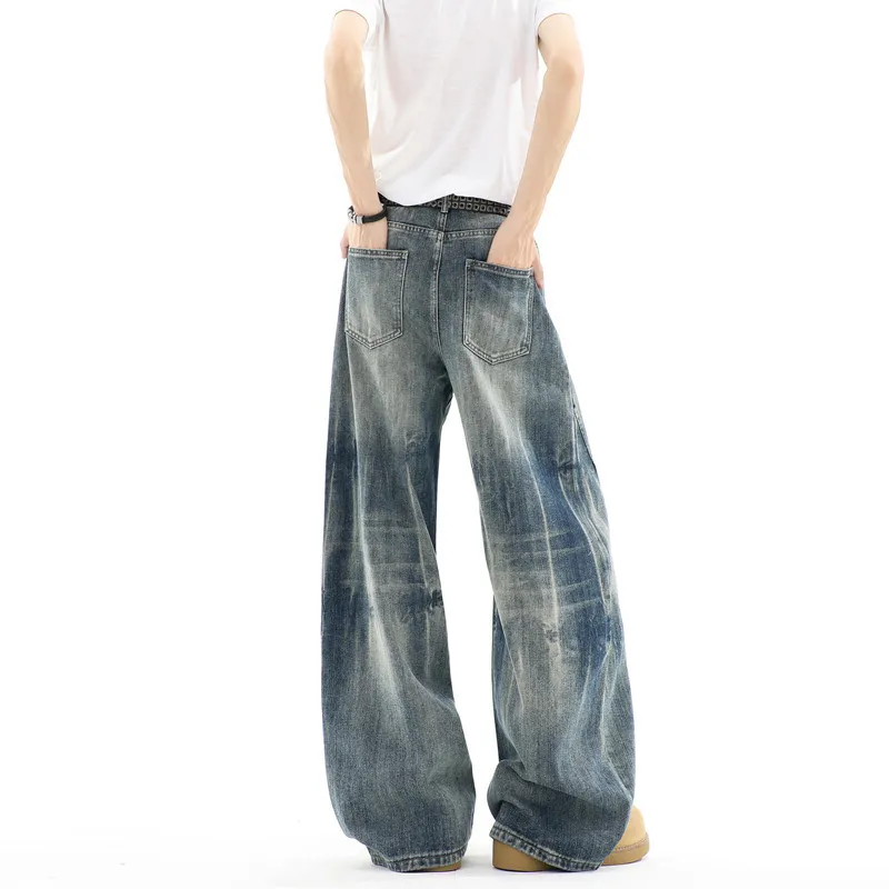 Men's Vintage Curved Loose-fit Straight Washed Distressed Baggy Jeans Denim Trousers