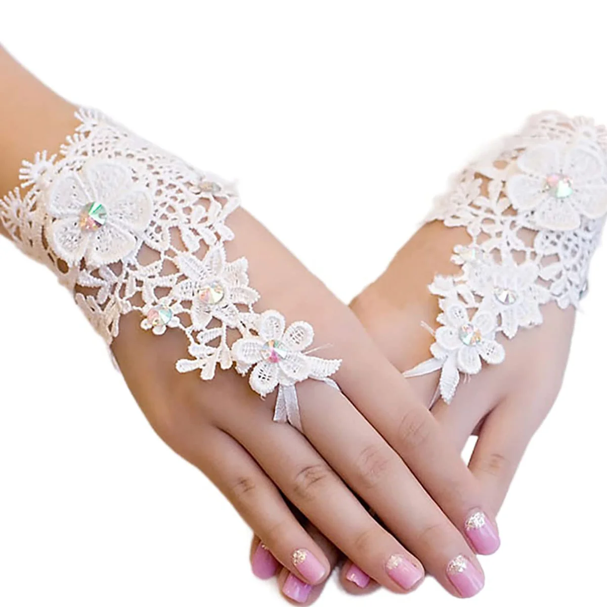 

Lace Gloves for Prom Formal Banquet Party Wedding Gloves Mother's Day, Lace Fingerless Rhinestone Bridal Gloves for Wedding