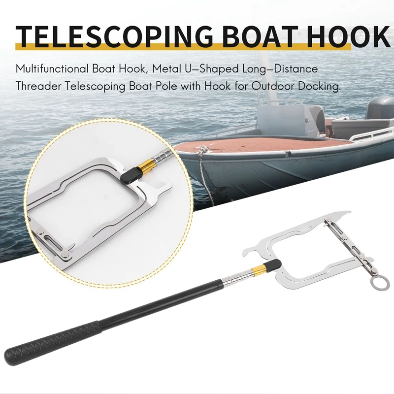 Multifunctional Boat Hook, Metal U-Shaped Long-Distance Threader Telescoping Boat Pole With Hook For Outdoor Docking