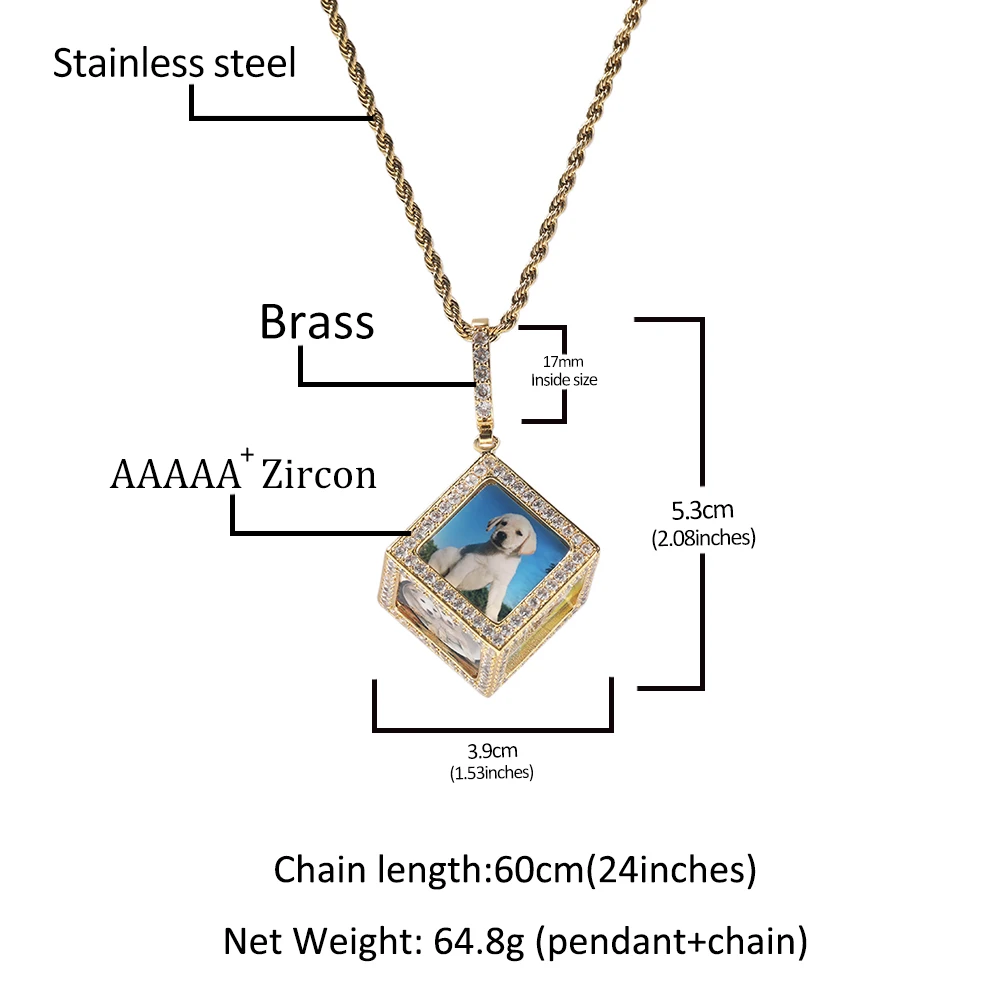 THE BLING KING Men's 3D Cube Custom Memory Photo Pendant Necklace Iced Out 5A CZ 14k Gold Plated Personalized 6 Sides Pictures