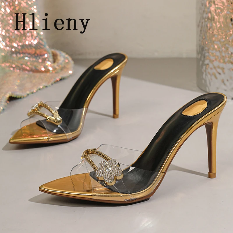 

Hlieny Fashion Crystal Buckle Pointed Toe Women Slippers PVC Transparent Summer Thin High Heels Party Banquet Female Slides Shoe