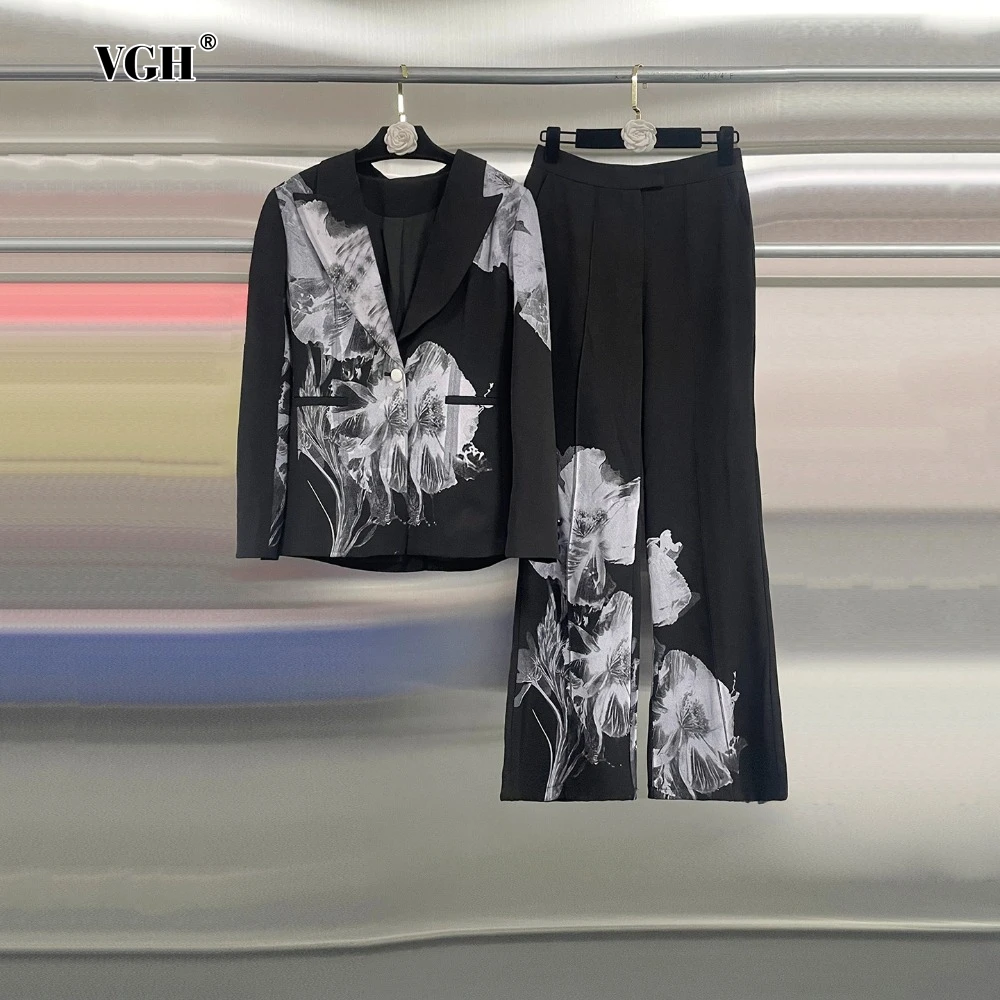 

VGH Floral Printed Two Piece Set for Women Notched Collar Long Sleeve Slim Coat High Waist Straight Pant Temperament Suit Female