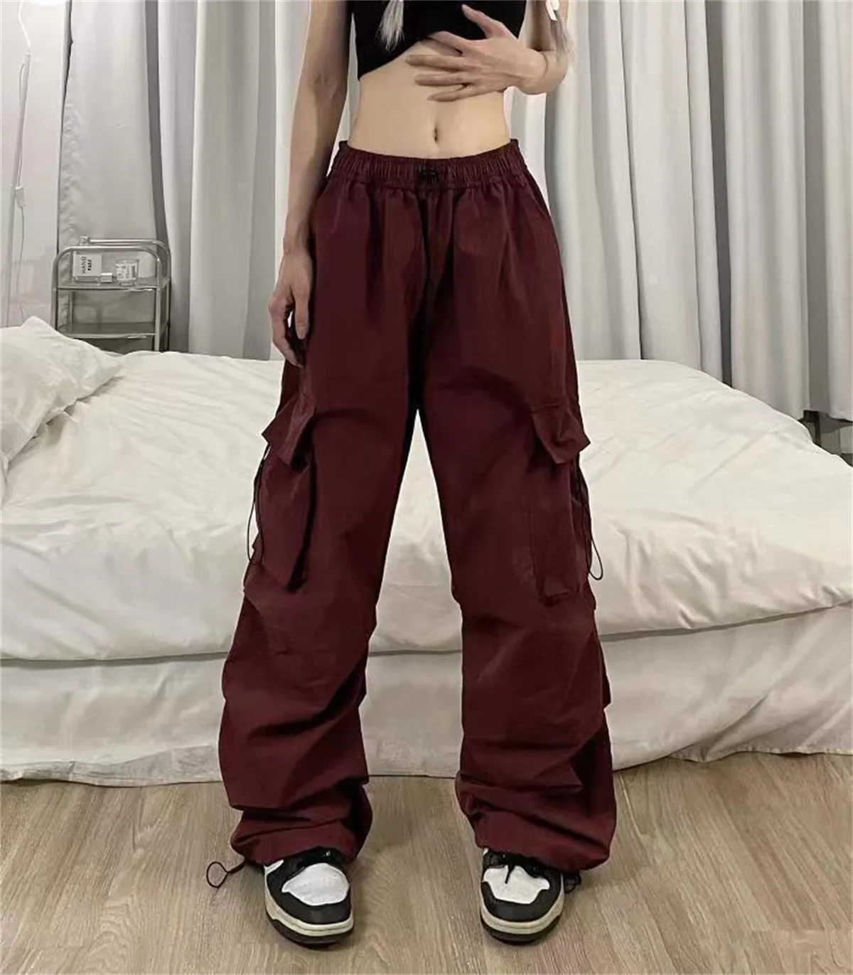 Vintage-Mode-Cargohose für Damen, einfarbig, mit elastischem Bund, Taschen, Jogginghose, weites Bein, Baggy-Schnitt, Y2K-Hose, Streetwear, amerikanische Kleidung. – Detail 14