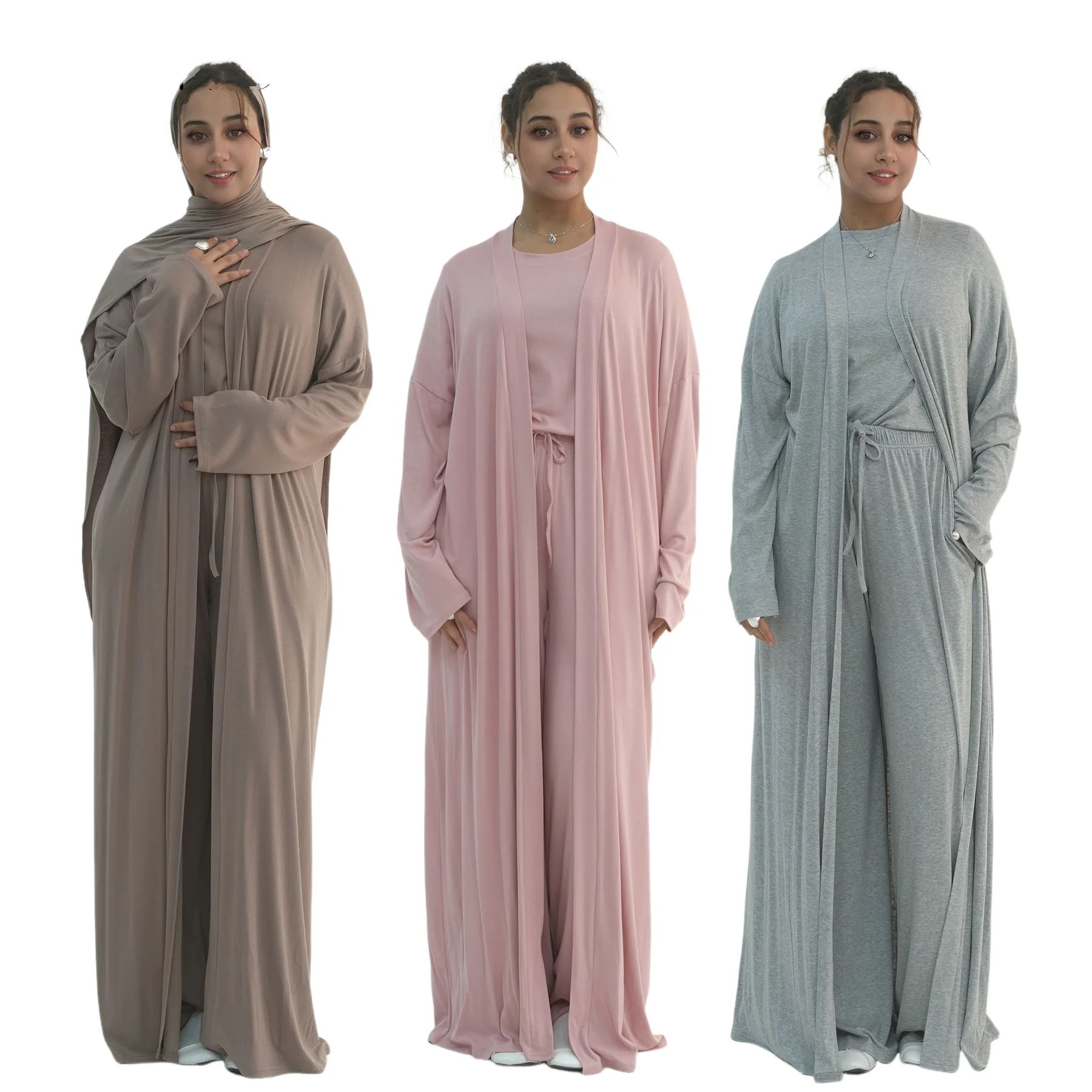 Muslim Women 3 Pieces Outfit Set Long Open Cardigan Tank Top High Waist Wide Leg Pants Soft Modest Loungewear Suit Solid Colors
