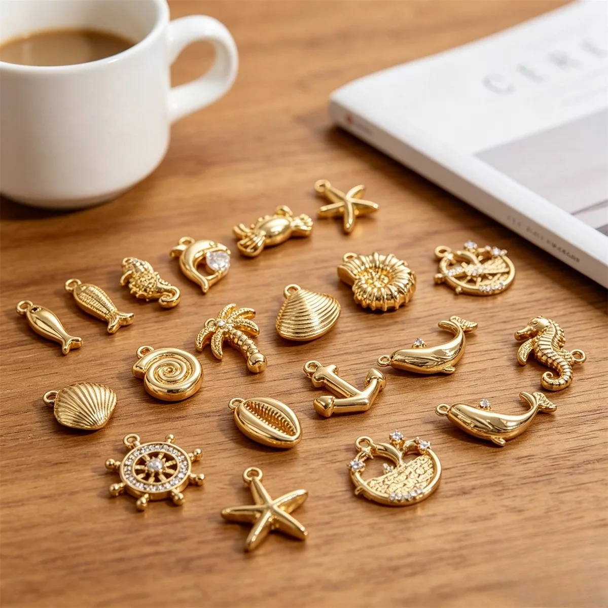 14K Gold Plated Brass Marine Life Charms Dolphin Starfish Conch Whale Pendants For DIY Bracelet Necklace Findings