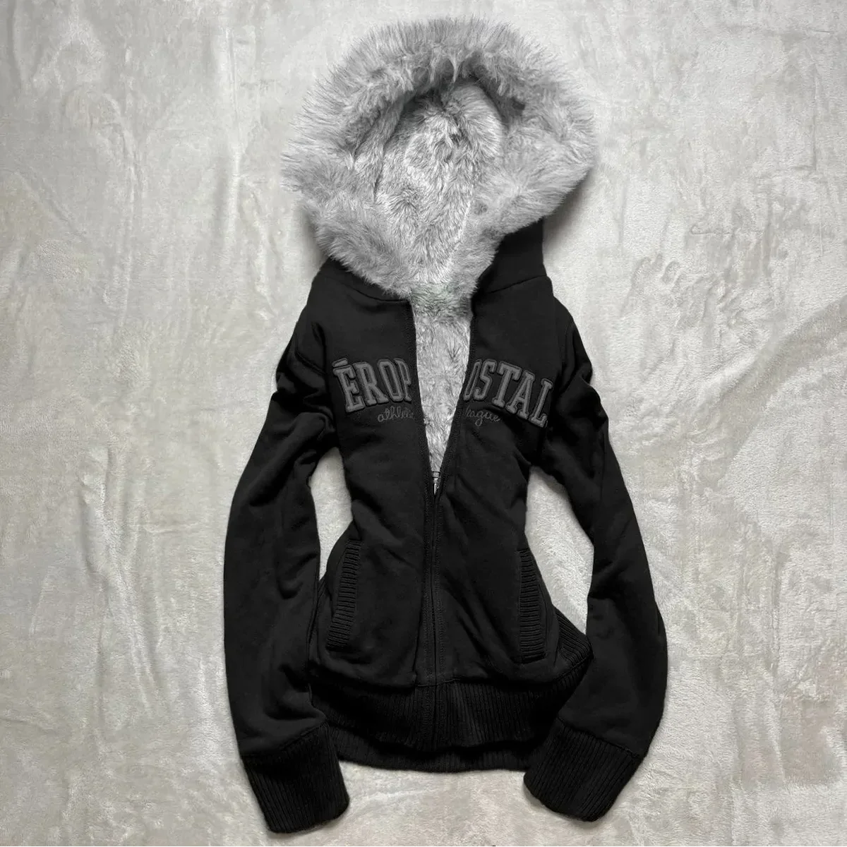 Y2K Zipper Gothic Letter Printed Fur Collar Hoodie Slim Fit Comfortable Casual Grey Sportswear Warm Top Women Cardigan