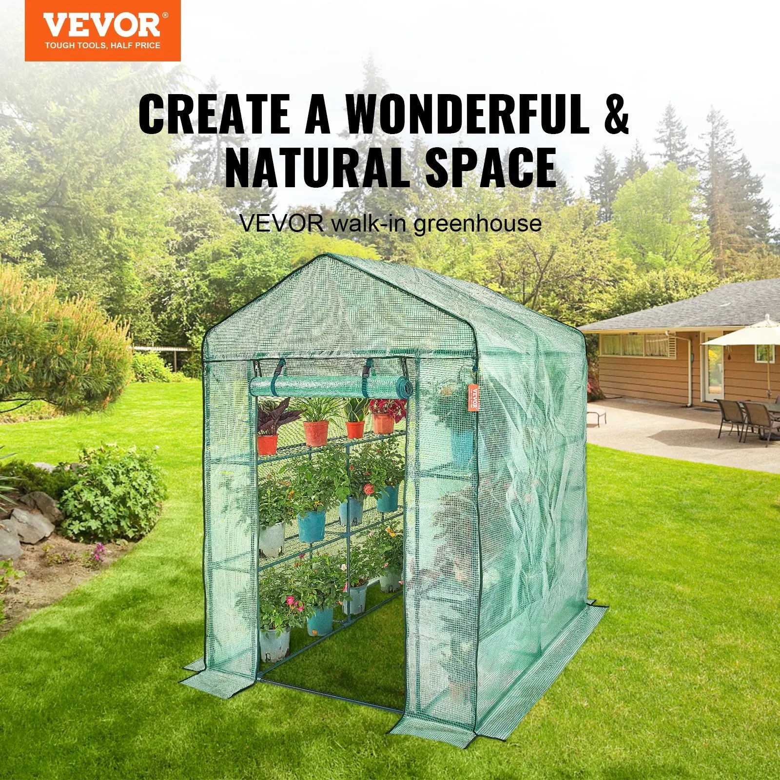 Walk-in Green House, 4.6 x 4.6 x 6.6 ft , Greenhouse with Shelves, High Strength PE Cover with Zipper Door and Steel Frame