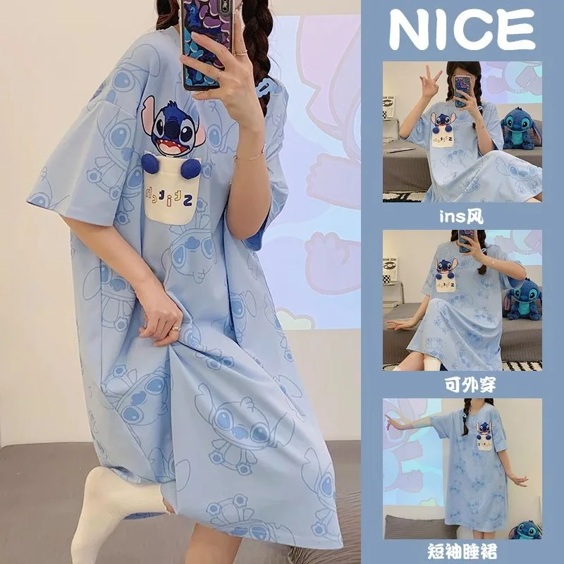 

Новая пижама Stitch, летнее длинное платье с круглым вырезом и короткими рукавами, повседневная и свободная женская одежда для дома Disney Stitch