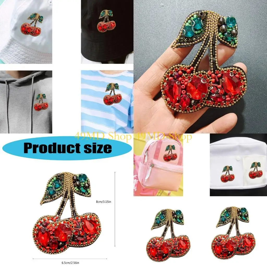 

49MD Stylish Handcraft Cherry Rhinestones Cloth Patches Sewing On Applique for Outfit