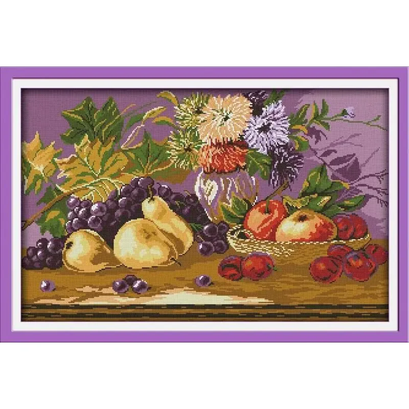 Joy Sunday News Printedd Cross Stitch Kit,  Easy Pattern With Aida and DMC Threads  Stamped Fabric Embroidery Set-Fruit Feast