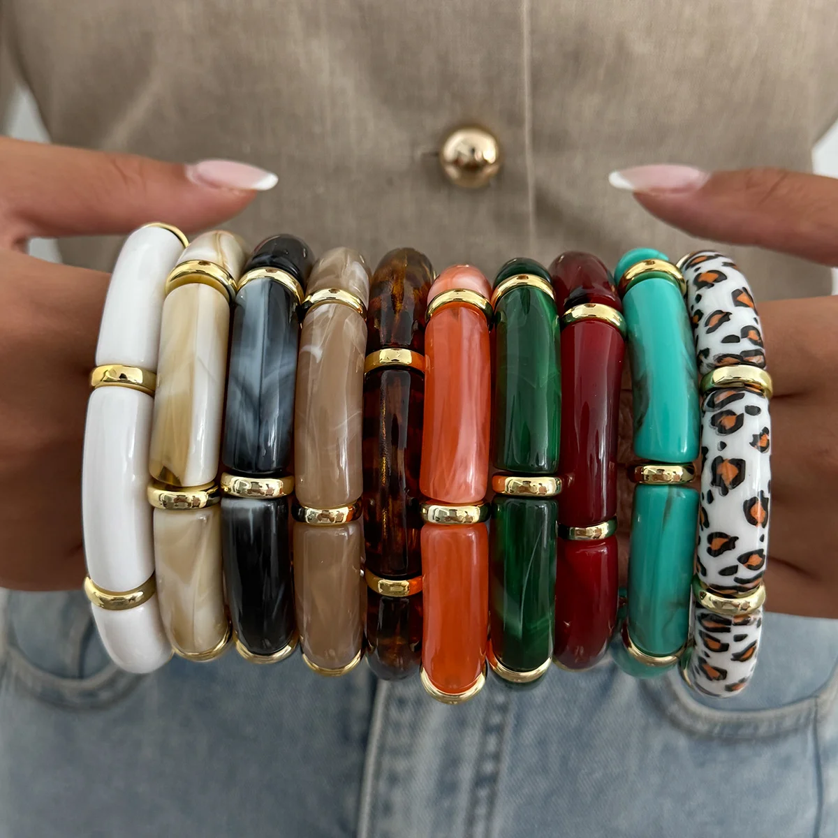 Vintage Stackable Acrylic Bracelets for Women Bohemian Round Tube Beaded Bracelet Leopard Resin Elastic Bangle