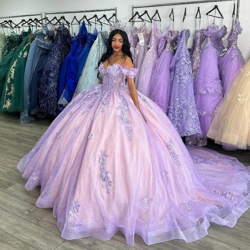 Vestido De baile De quinceañera Lila, traje con hombros descubiertos, lentejuelas brillantes, apliques, cuentas De cristal, 15 Años, 2024