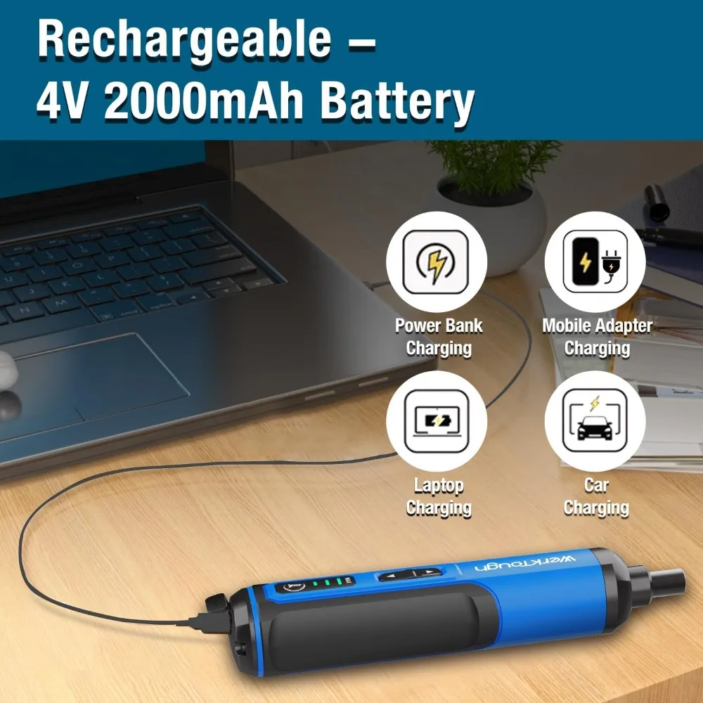 Werktough 4V Mini Electric Cordless Screwdriver with 3-Gear Torque 5Nm Power 25pc Screwdriver Bits S2 LED Light USB Charging Hom