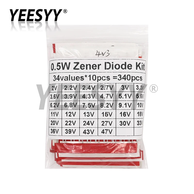 340pcs 1/2W Zener Diode Assorted Kit DO-35 0.5W 2V-47V 34Values Each 10pcs DIY Sample Set