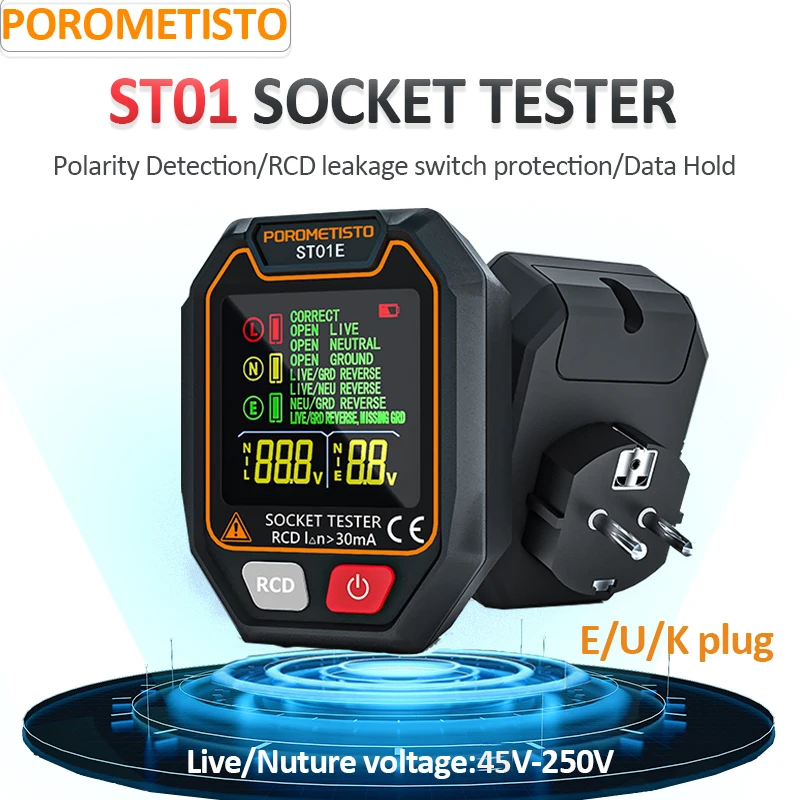 POROMETISTO ST01 Digital Socket Tester with Color Screen UK/EU/US Circuit Checker RCD Socket Detector Data Hold Polarity Tester