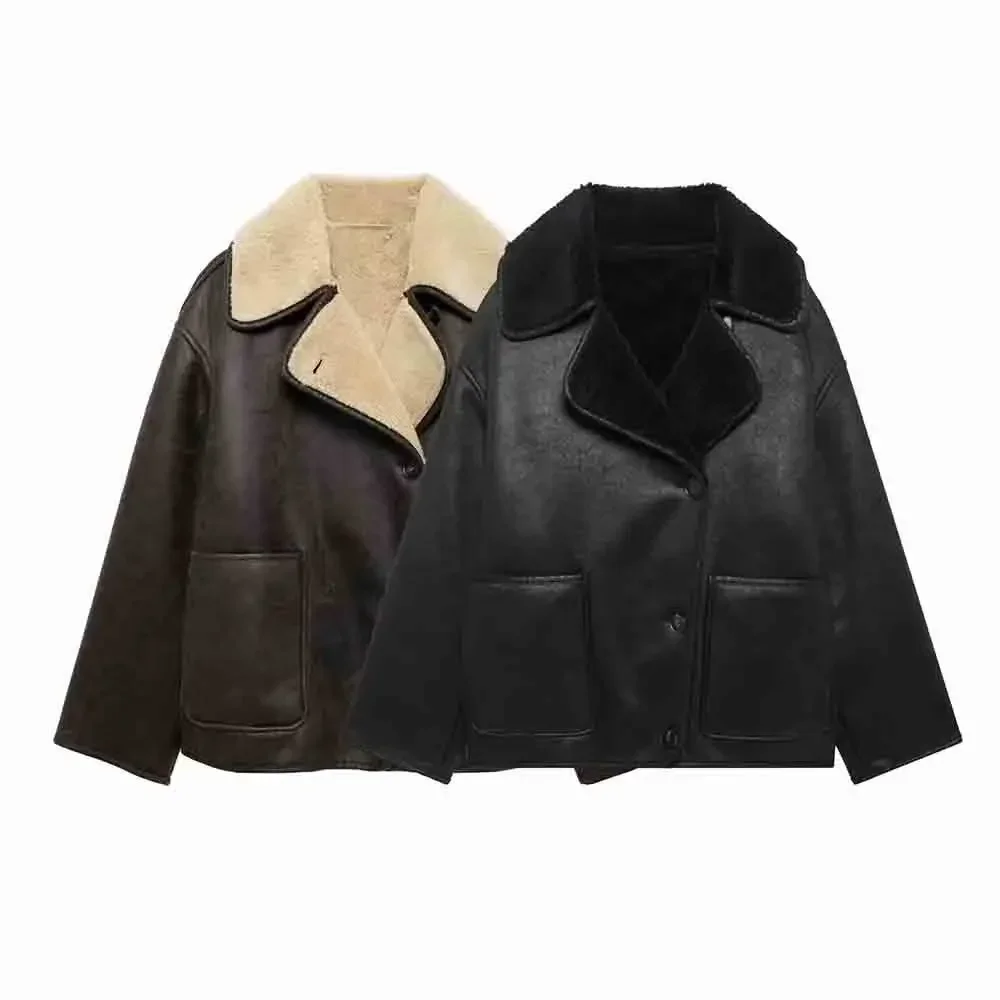 Plush Faux หนังแจ็คเก็ตผู้หญิงผ้าขนสัตว์ผสมหนาฤดูหนาว Office Single Breasted Turn-down Collar Coat Chic กระเป๋า Outerwear