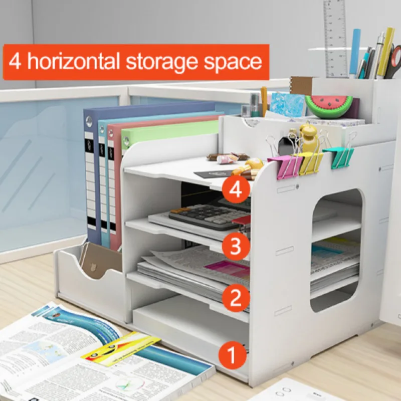 Estante de almacenamiento de archivos de escritorio, práctica caja de almacenamiento de carpetas multicapa, sujetalibros, suministros de oficina