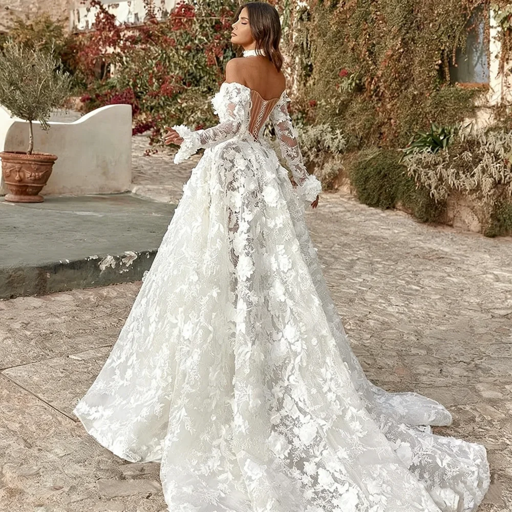 Elegant 3D Flower Wedding Dress Off Shoulder Long Sleeve Split A-line Princess Wedding Ball Dress Customization