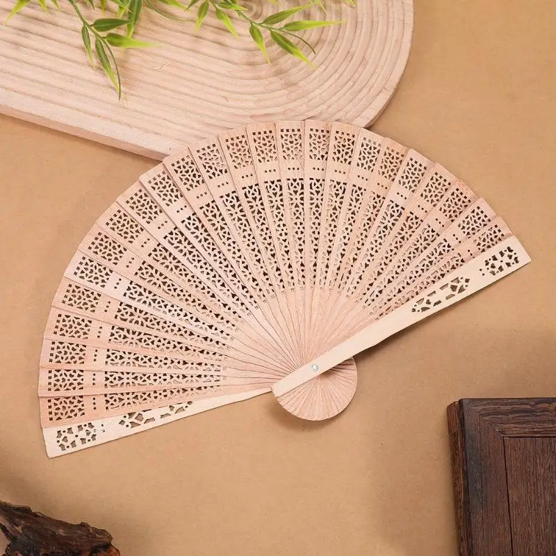Wood Folding Handheld Fan Retro Hollow Carved Natural Wooden Craft for Wedding Party Home Decor Cosplay Photo Prop