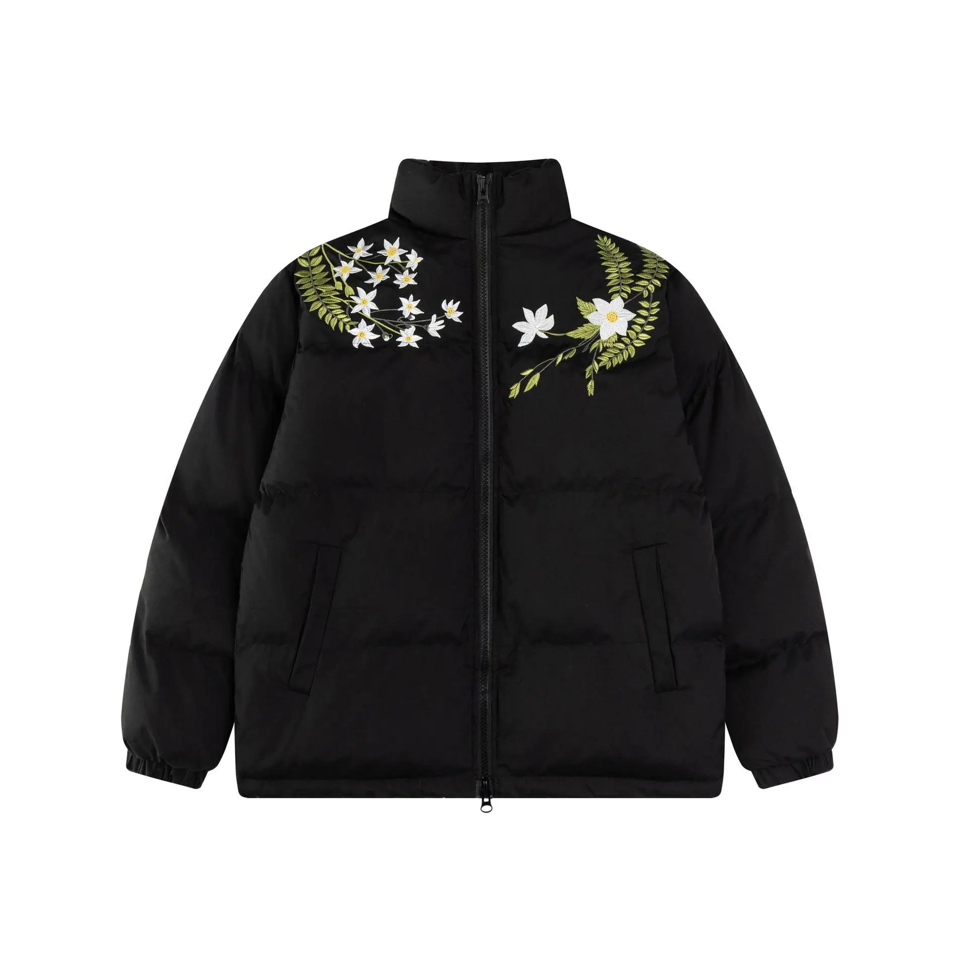 

Floral Embroidery Stand Collar Puffer Jackets Man, American Trendy Mans Coat, Oversized Womans Winter Jackets