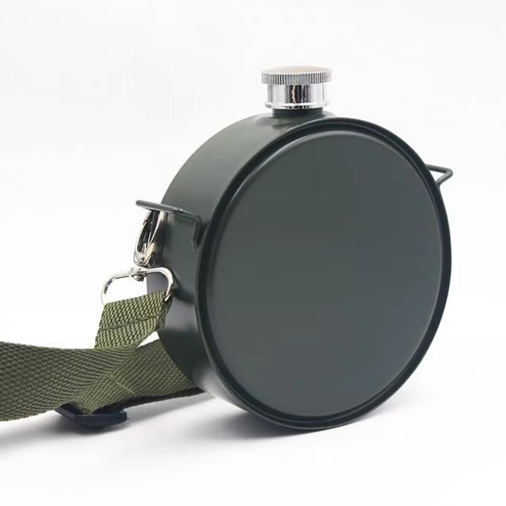 Army Green Stainless Steel Hip Flask with Shoulder Strap, Outdoor Portable Sports Water Bottle, Single-Wall Travel Wine Pot, 4