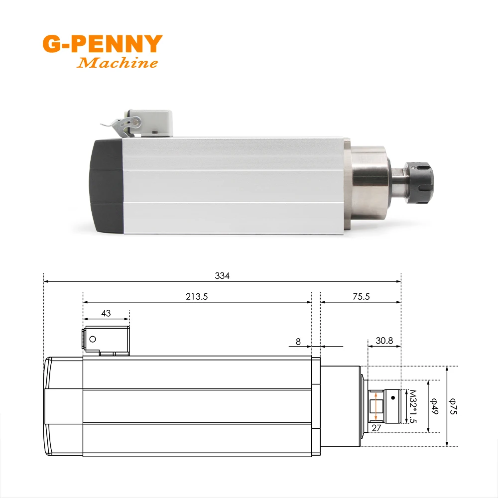 G-PENNY3.5KW ER25 Air Cooled Spindle Motor Ceramic Bearings Square Type With Flange Used for cnc milling & 4.0KW QL Inverter/VFD