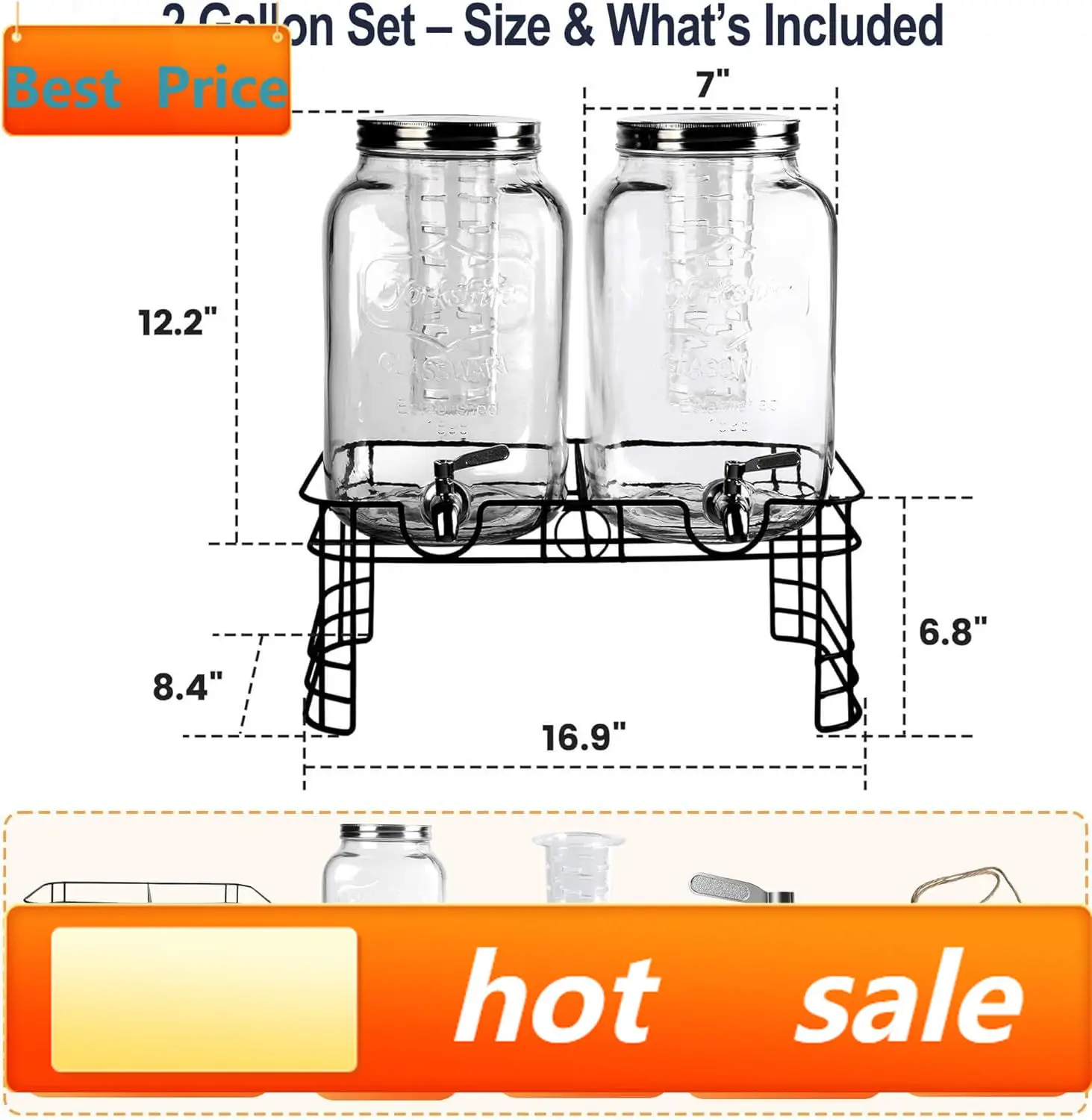 

hot-selling2 Gallon Drink Dispensers for Parties, 2 Pack Beverage Dispensers with Stand, Glass Water Jug Dispenser, with 18/8 St