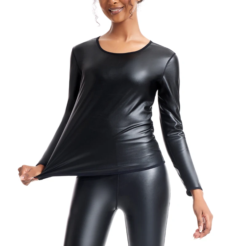 Body Shaper Women Leather Long Sleeves Shirts Faux Motorcycle Biker tops Waist Trainer Slim Tshirt Fashion Casual Shapewear tops