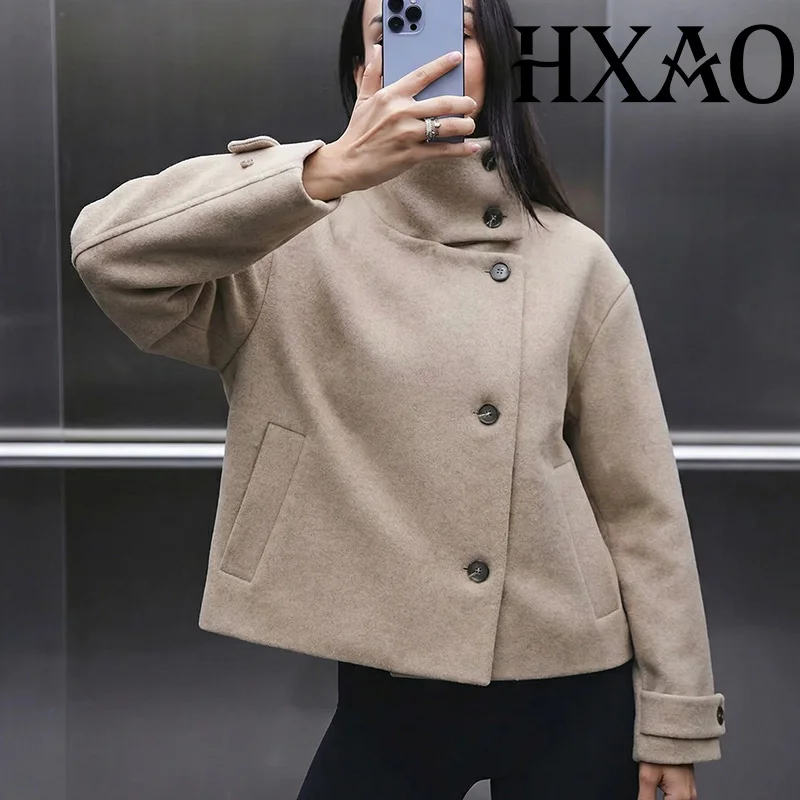 

HXAO Cropped Tweed Women's Jackets High Neck Autumn Winter Jacket For Women Long Sleeve Button Coat Woman Faux Wool Outerwear