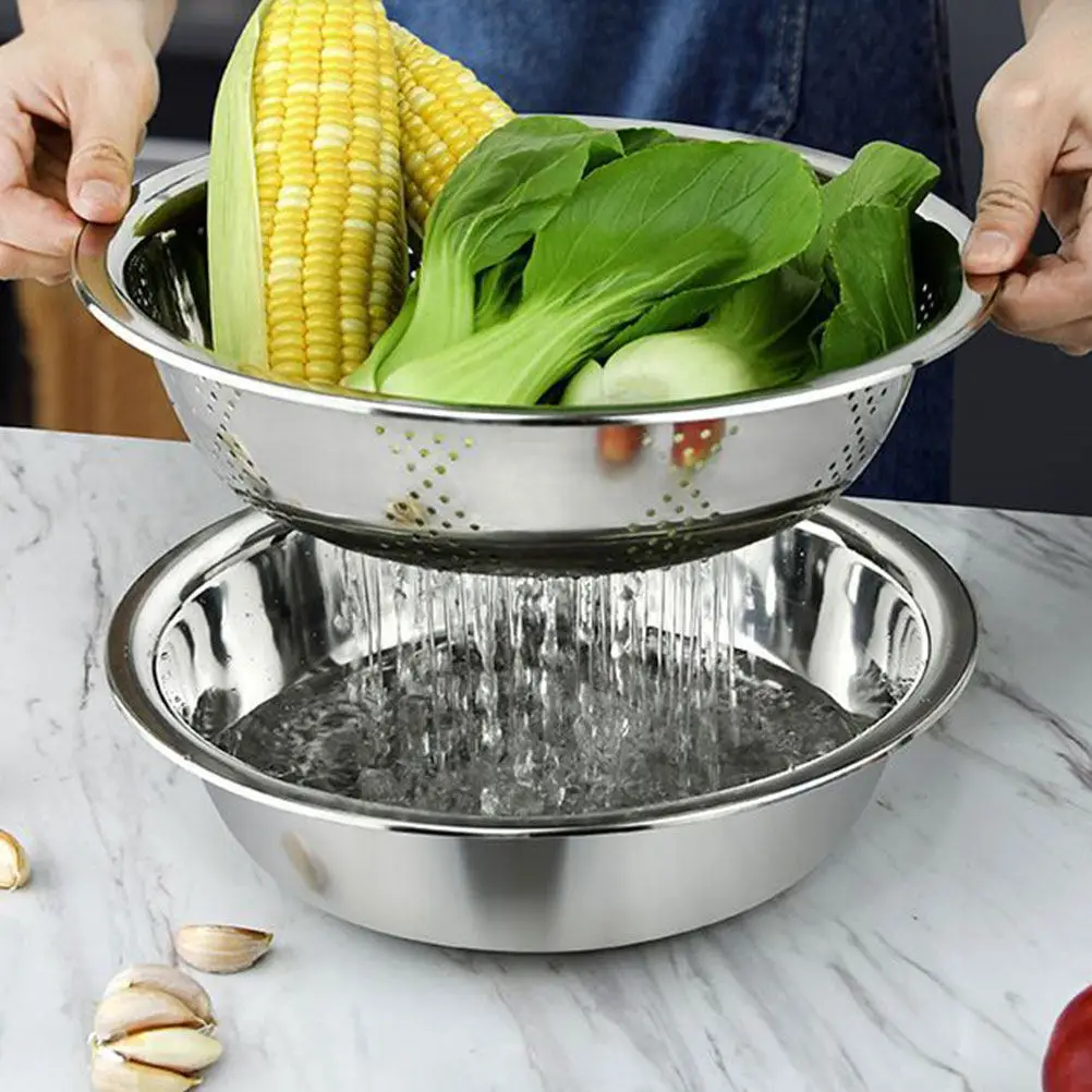 1 set Stainless Steel Washing Basin 304 Thickened Drain Basin For Rice Noodle Soup Vegetable Fruit Kitchen Use Multipurpose Sink