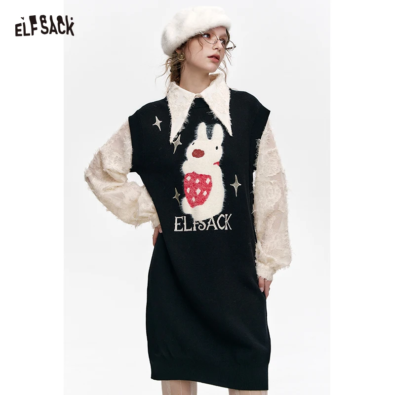 

ELFSACK 2025 Winter New Arrivals Casual Cute Fake Two Piece Cartoon Bunny Embroidery Short Dress For Woman