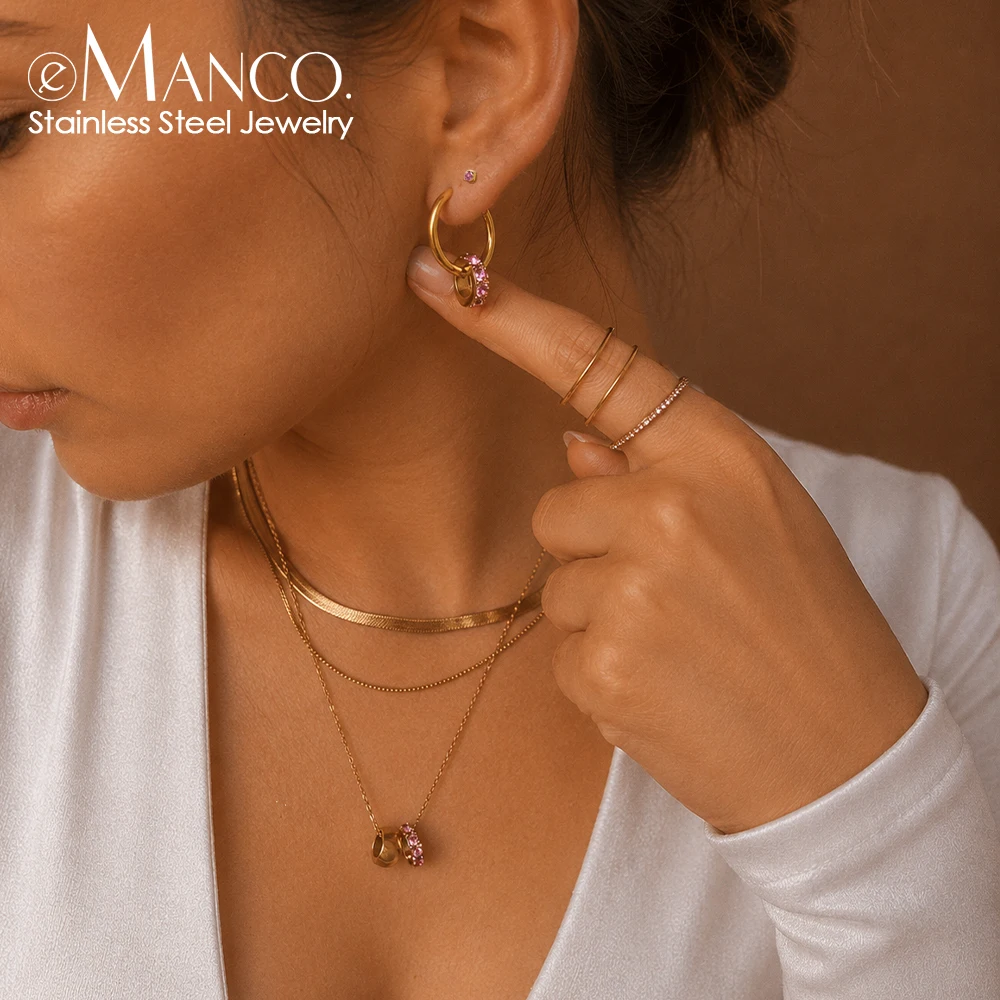 EMANCO  Minimalist Style Stainless Steel Multi Layer Herringbone Chain Necklace Pink Crystal Pendant Stackable Jewelry