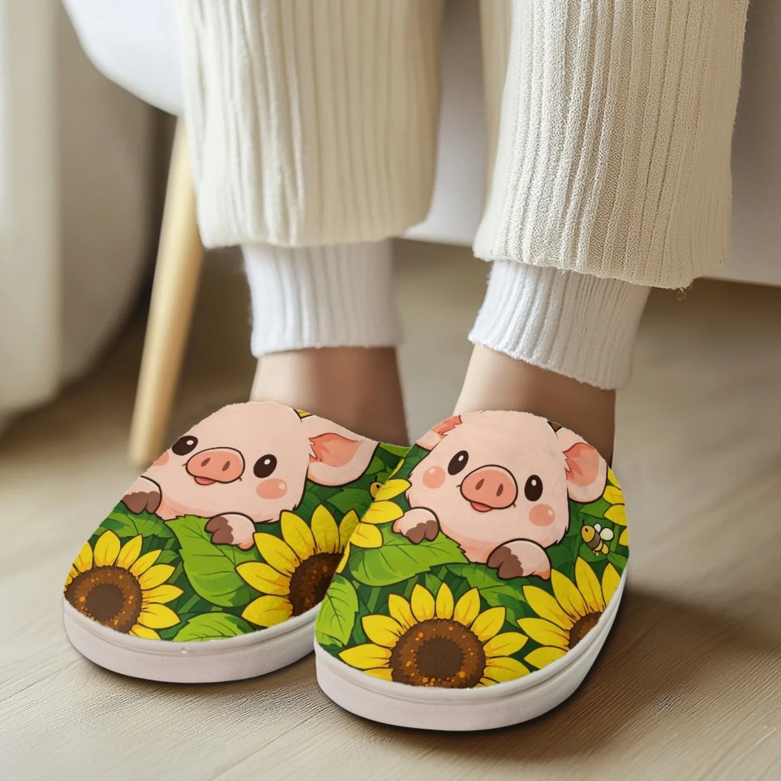 PENSTROLL Pig Sunflower Warm House Shoes For Seniors Spa Shoes for Outdoor Large Size Fuzzy House Shoes Women