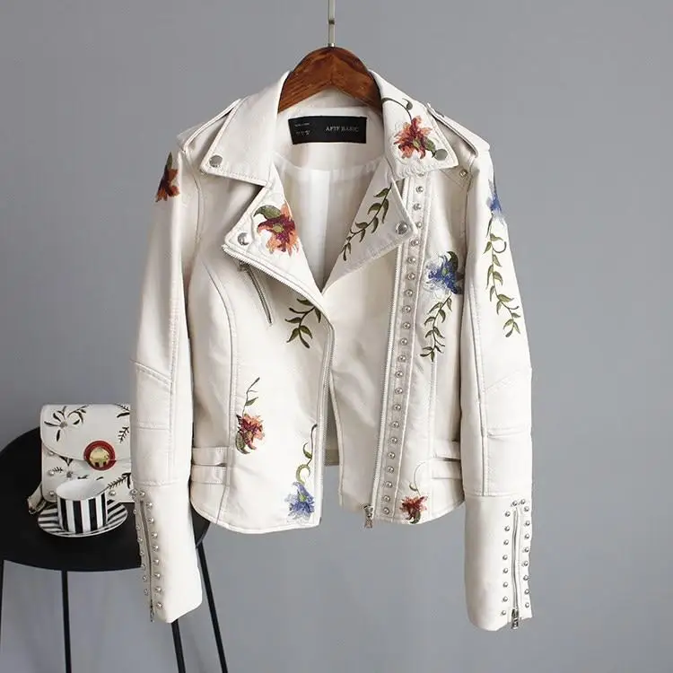 New Spring Autumn Women Biker Leather Jacket Floral Print Embroidery Pu Leather Jacket Turn-down Collar Zipper Jacket