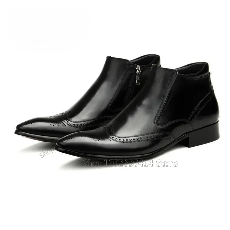 

Black Carving Design Pointed Toe Ankle Boots Fashion Side Zipper Men Boots Luxury Handmade Party Banquet Office Men Dress Shoes