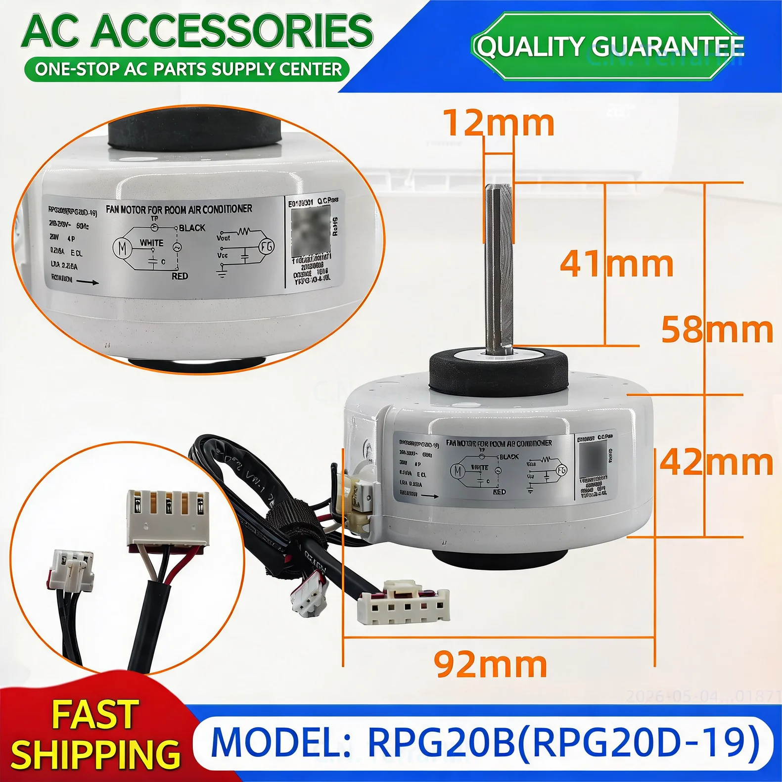 Air Conditioner Fan Motor RPG20B RPG20D-19 YKFG-20-4-10L 60Hz Replacement Part