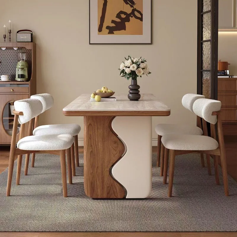 

Small apartment long dining table Cream style household rectangular dining table French retro solid