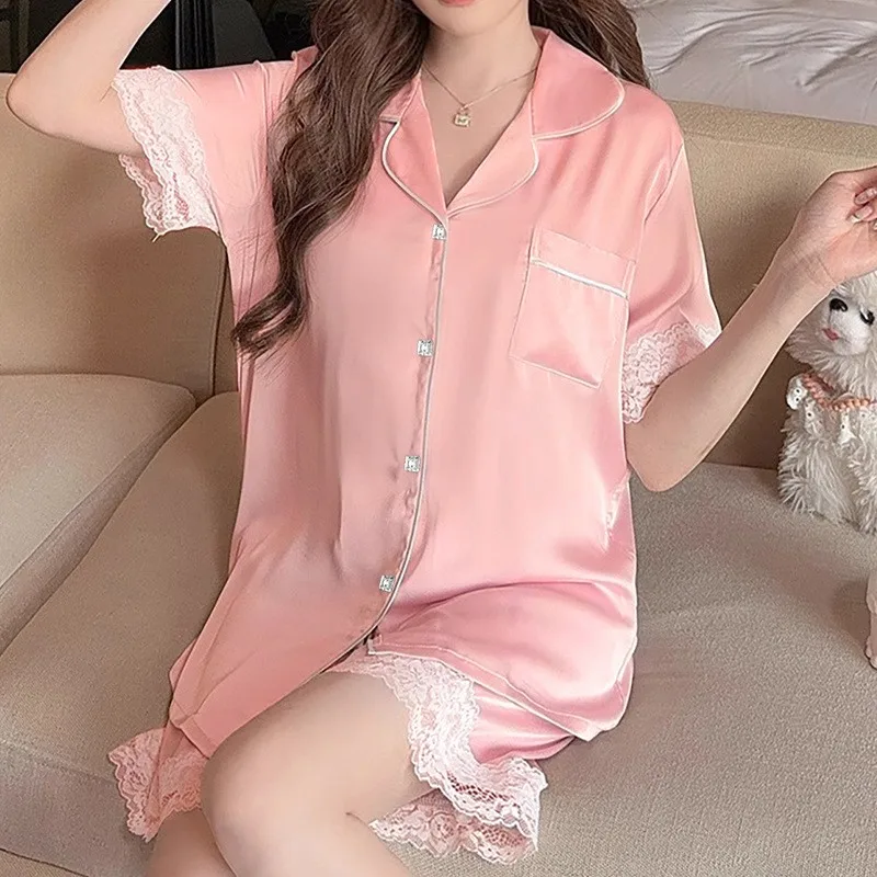 Neue Eis Seide Pyjamas frauen Sommer Einfache Ins Hohe Wert Süße Mädchen Kurzarm Pyjamas Homewear Sommer frauen kleidung – Detail 5