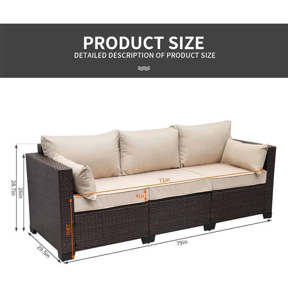 3-местный уличный коричневый диван из ротанга с глубокими сидениями, полиэтиленовый плетеный, нескользящая бежевая подушка для мебели для патио