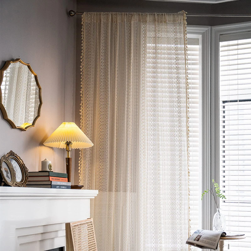 Vintage Boho Sheer Lace Curtains Crochet Hollow Out with Tassels Rod Pocket Semi Sheer Window Drapes for Farmhouse Living Room