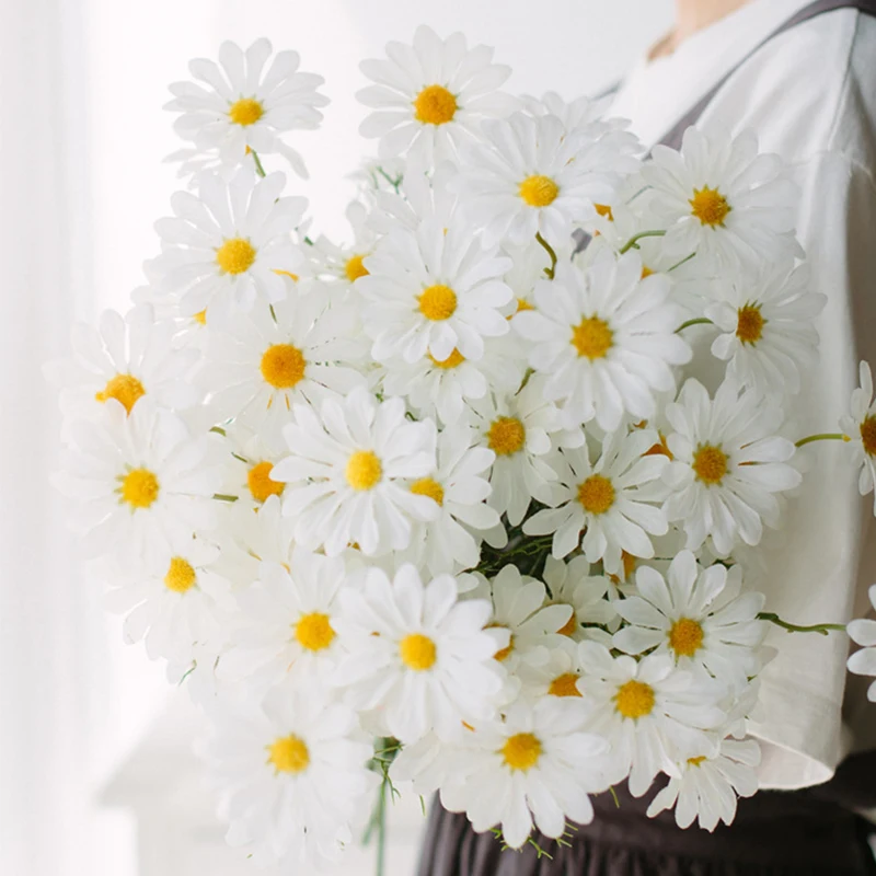 Artificial Daisy Flower Bouquet, Long Branch Bouquet, White, Non-woven, Valentine's Day, Home Decoration, Wedding, High Quality