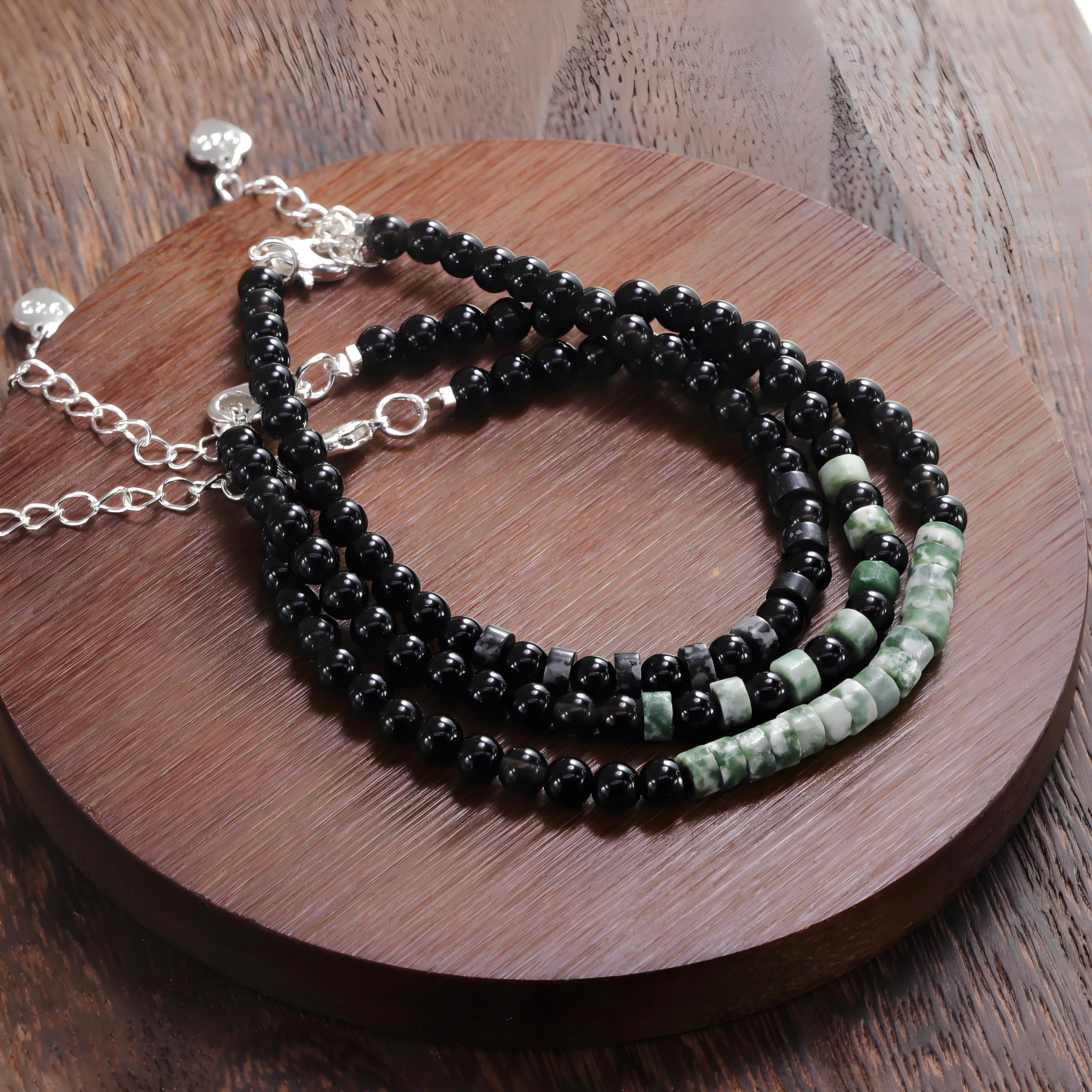 Silver Bracelet Black Obsidian Green Grey Spot Healing Protection Balance For Women Men Fashion Jewelry Gift Dropship Wholesale